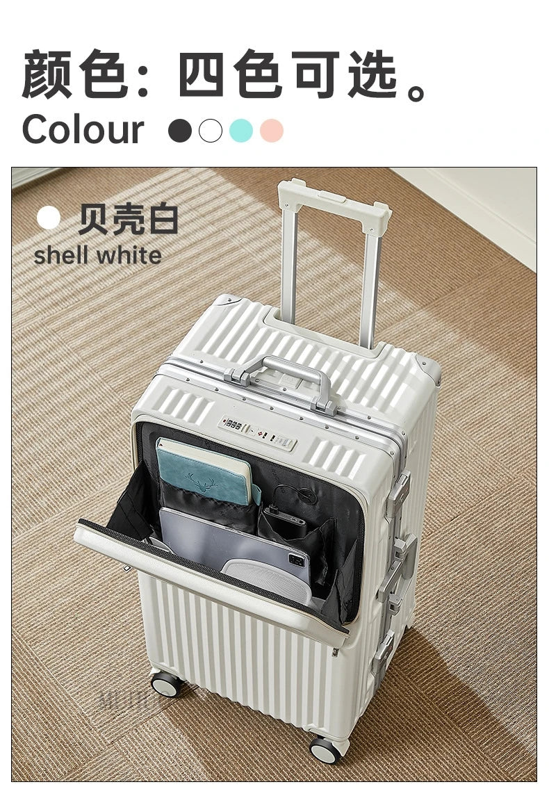 Front Opening Suitcase 2025 New Large Capacity 20/30 inch Aluminum Frame Luggage with USB Cup Holder Laptop Bag Travel Suitcases
