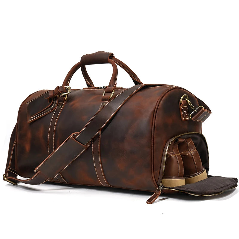 Fashionable Style Men's Leather Travel Handbags Real Cowhide Leather Duffle Bags For Man Male Weekend Bags With Shoe Pocket