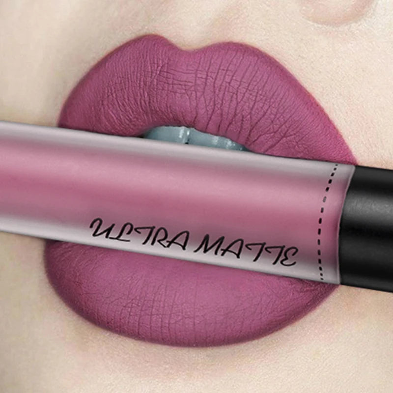 QIBEST Waterproof Matte Nude Lip Gloss 12 Colors Lasting Liquid Lipstick Moisturizing Non-stick Cup Black Red Purple Lip Glaze