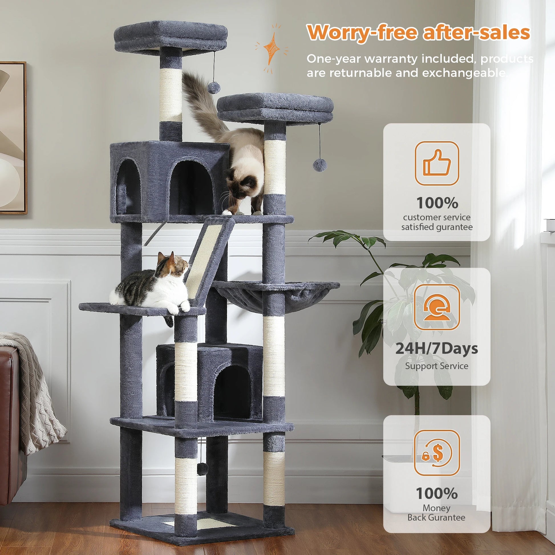 Multi-Level Cat Tree with Scratching Posts, Cozy Condo, Hammock, Large Cat Tower for Indoor Cats, Cat Scratching Board, Cat Toys