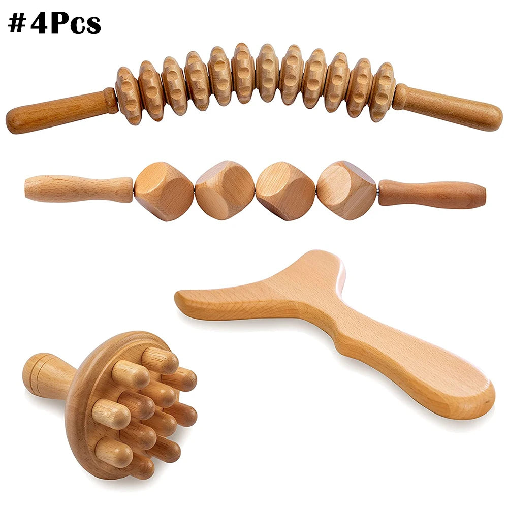 Wooden Therapy Massager Lymphatic Drainage Anti Cellulite Maderoterapia Kit - Body Contouring, Belly Waist Muscle Massage Relax