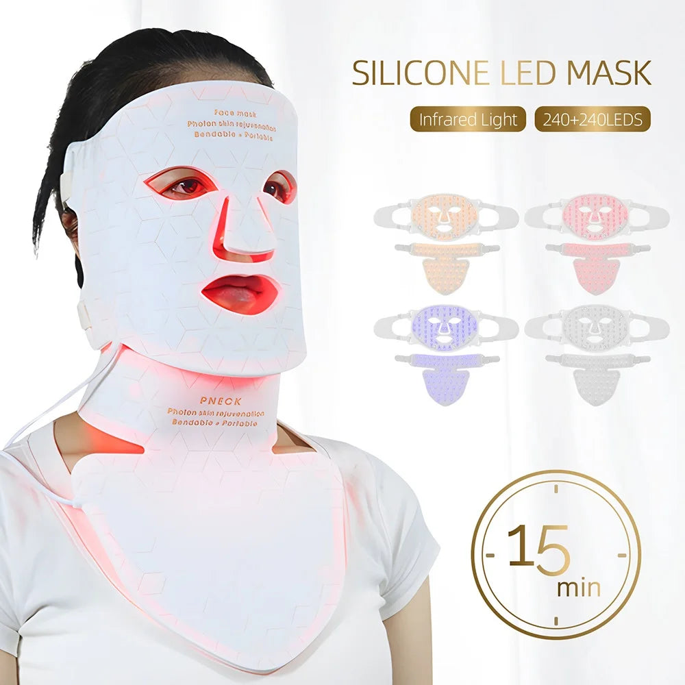 Silicone LED Mask Face With Neck 4 Colors LED Light Photon Infrared Therapy Flexible Facial Mask Repair Skin Brighten Skin Tone