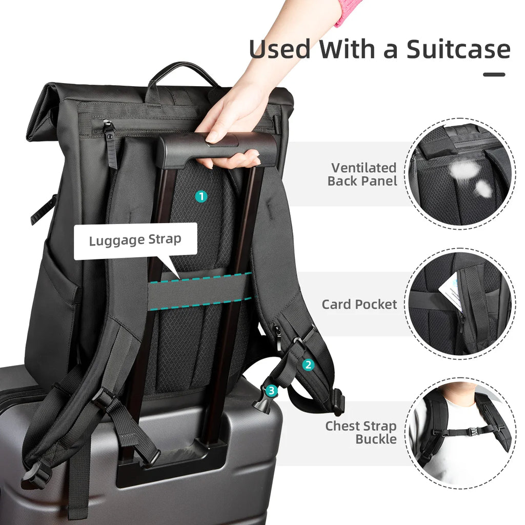 HK Business Roll Top Men's Backpack Large Capacity 15.6 Inch Laptop Bag Waterproof Hiking Travel Backpack Expandable School Bags