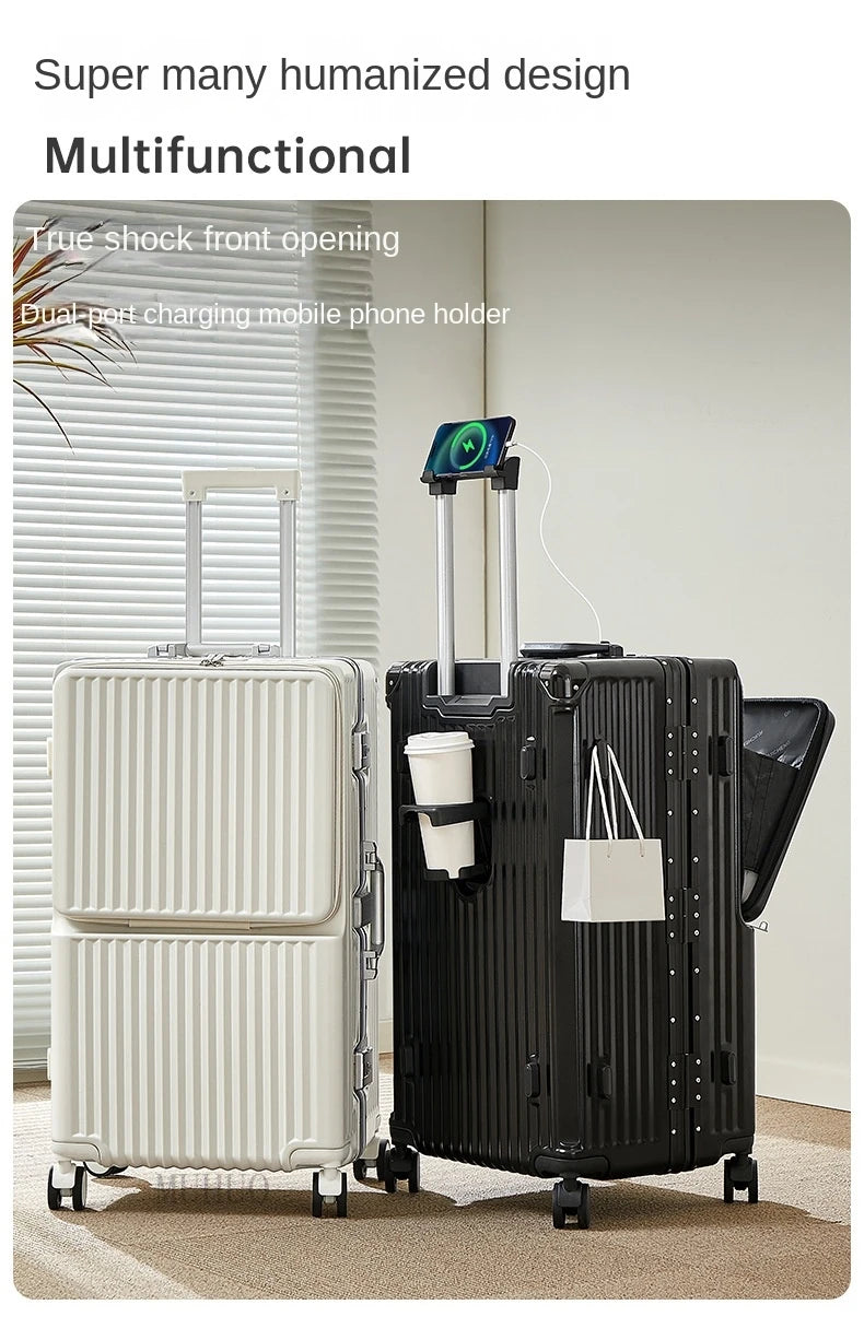 Front Opening Suitcase 2025 New Large Capacity 20/30 inch Aluminum Frame Luggage with USB Cup Holder Laptop Bag Travel Suitcases