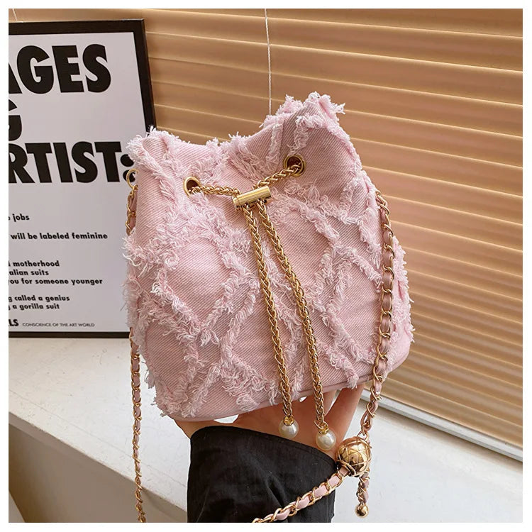 Vintage Denim Bucket Bag Retro Style Light Blue Ripped Edge Design Gold Chain Pearl Embellishment Adjustable Fringe Shoulder Bag