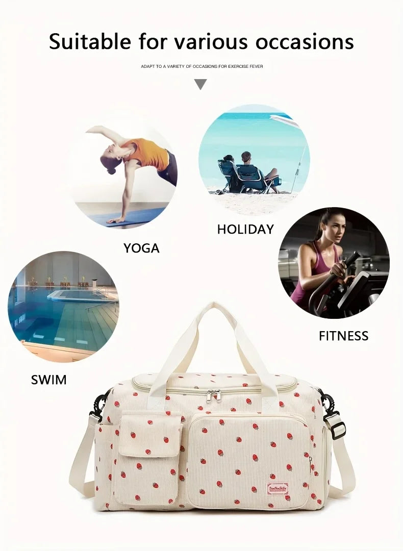 Large Capacity Casual Strawberry Print Duffel Bag with Multiple Compartments - Ideal for Travel, Gym, and Everyday Use