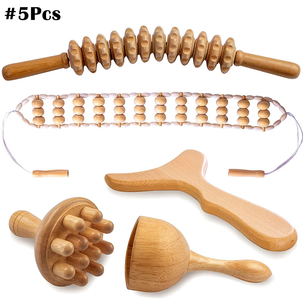 Wooden Therapy Massager Lymphatic Drainage Anti Cellulite Maderoterapia Kit - Body Contouring, Belly Waist Muscle Massage Relax