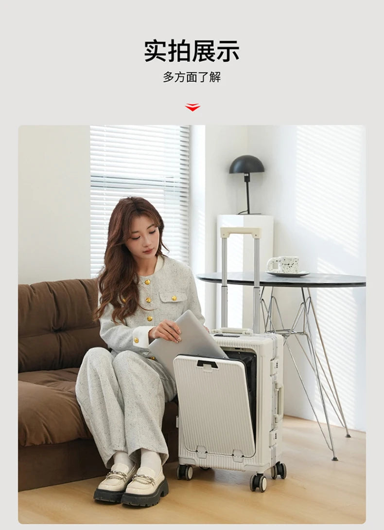 Front open trolley suitcase with cup holder travel luggage pull rod Aluminum frame Large capacity usb charging carry on suitcase