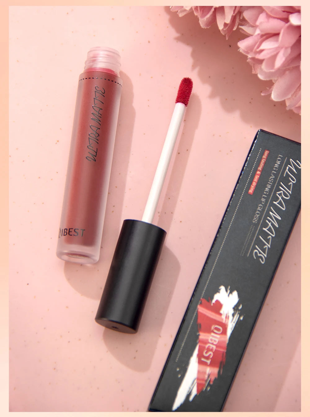 QIBEST Waterproof Matte Nude Lip Gloss 12 Colors Lasting Liquid Lipstick Moisturizing Non-stick Cup Black Red Purple Lip Glaze