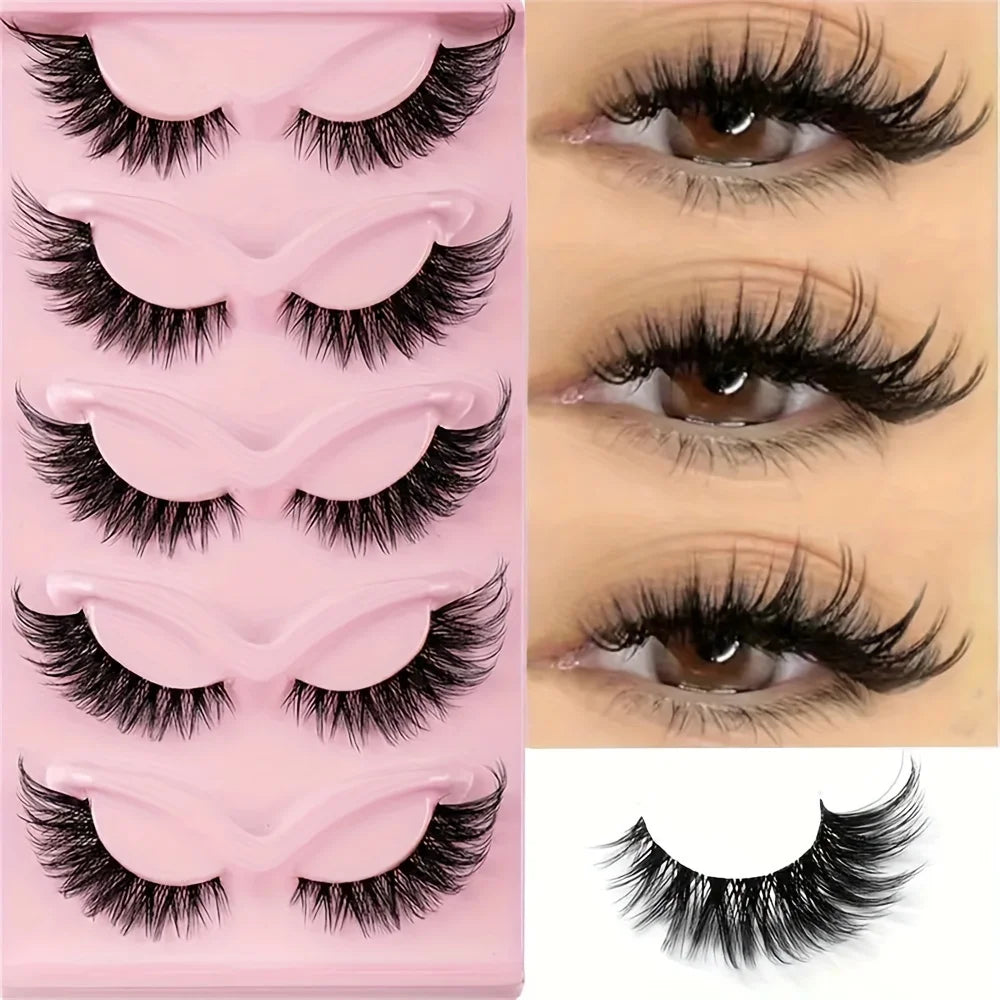 5 Pairs False Eyelashes - Natural Long, Cat Eye Style, Winged Tips, Manga Lashes for Eye Elongation,