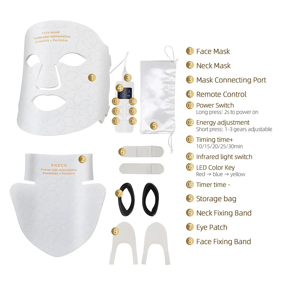 Silicone LED Mask Face With Neck 4 Colors LED Light Photon Infrared Therapy Flexible Facial Mask Repair Skin Brighten Skin Tone