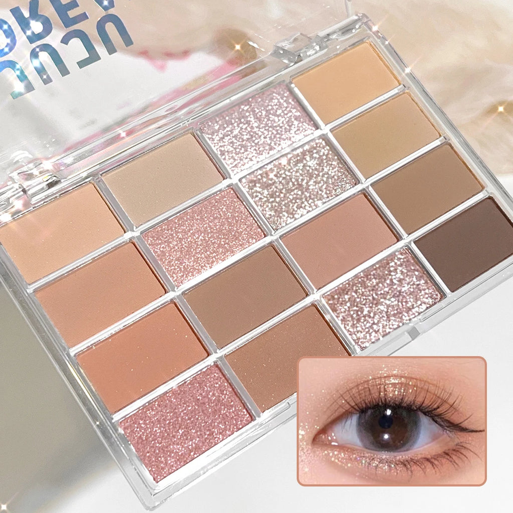 Dream 16 color eyeshadow palette - matte, glitter, shimmer, earth brown, purple and pink - low saturation everyday makeup