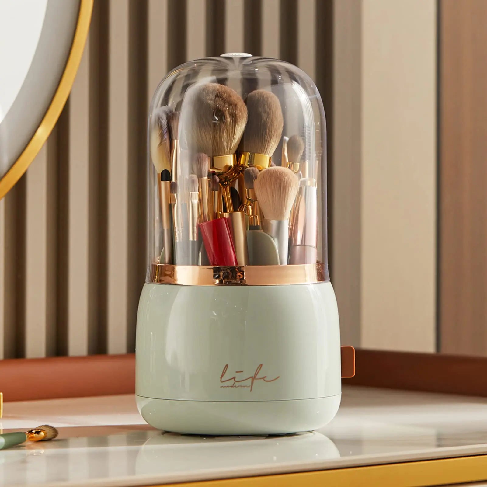 Make Up Brush Organizer 360 Rotating Cosmetics Makeup Brush Storage Box Holder with Lid Dustproof 7 Slot Storage Container