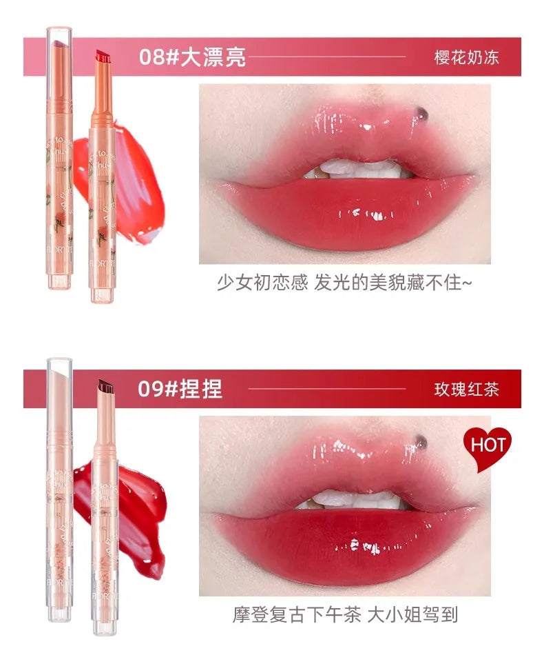 FLORTTE Solid Lip Gloss Water Light Glitter Clear Lipstick Pink Mirror Lip Glaze Jelly Moisturizing Lip Tint Cosmetics Makeup
