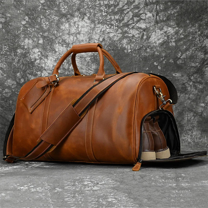 Fashionable Style Men's Leather Travel Handbags Real Cowhide Leather Duffle Bags For Man Male Weekend Bags With Shoe Pocket