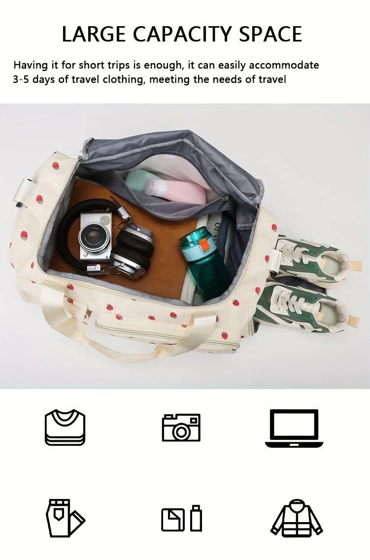 Large Capacity Casual Strawberry Print Duffel Bag with Multiple Compartments - Ideal for Travel, Gym, and Everyday Use