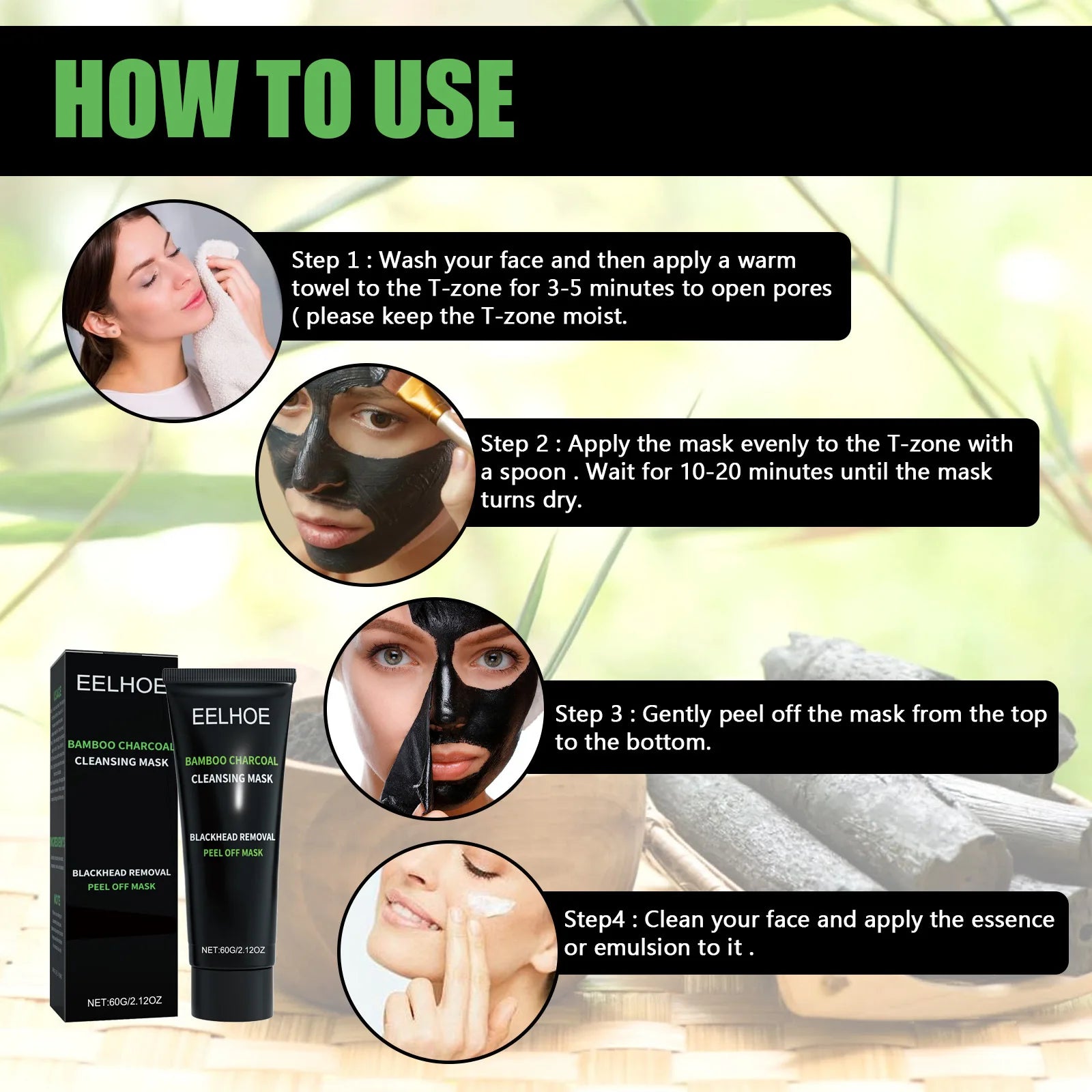 EELHOE Bamboo Charcoal Mask Blackhead Remover Deep Cleansing Shrink Pores Skin Tightening Rejuvenate the Face Tear Peel off Mask