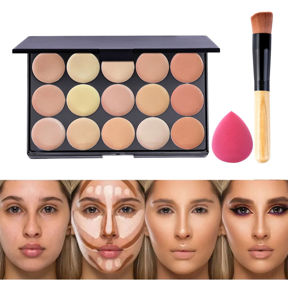POPFEEL 15-Color Concealer Palette with Brush & Sponge-Multi-Functional for Blemish Coverage, Contouring, Body Tattoo Camouflage