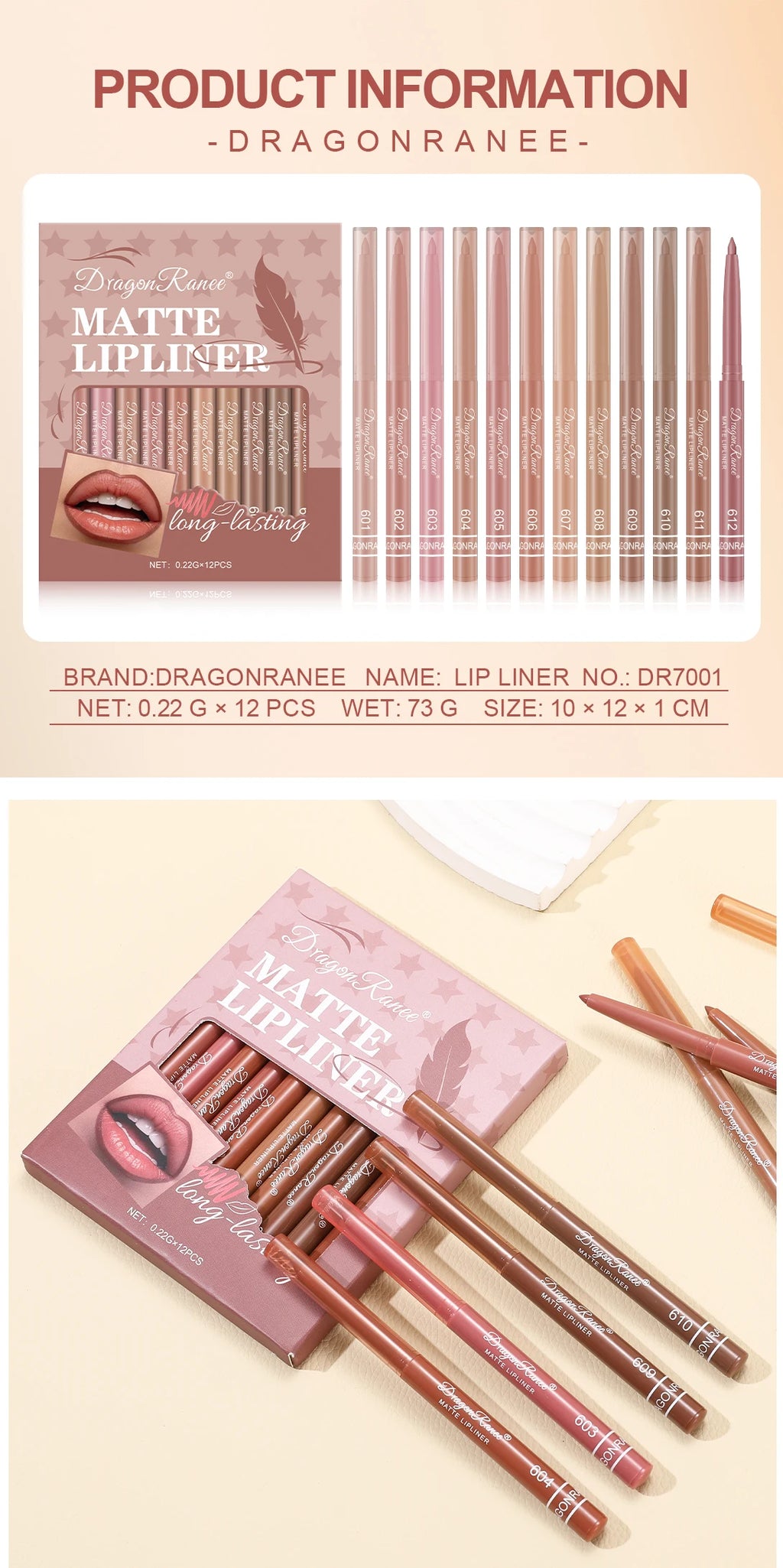 Dragon Ranee 12pcs Soft Matte Water Resistant Eraser Resistant Lip Liner Set Matte and Non-Drying Easy to Line Lip Liner Set