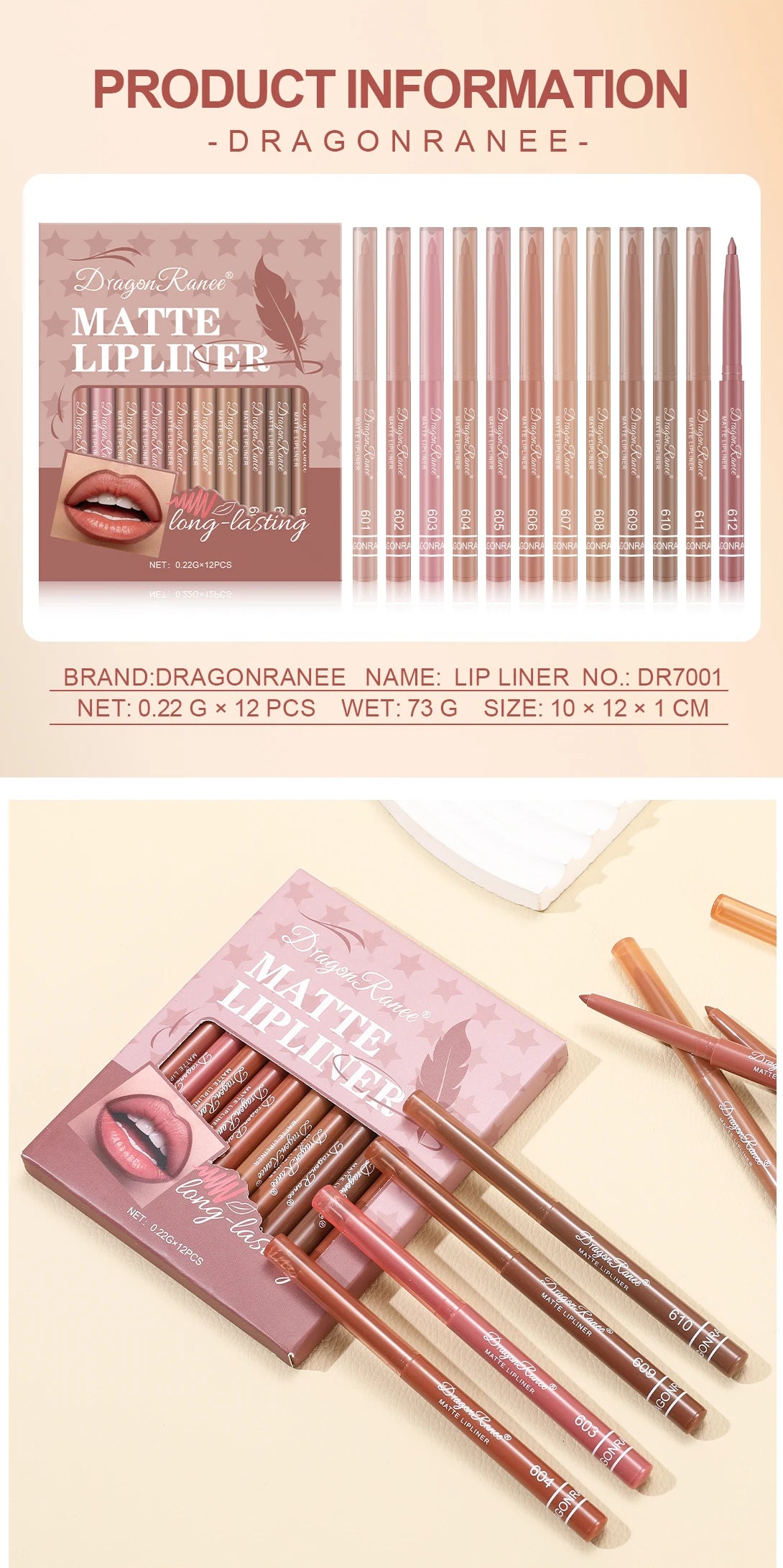 Dragon Ranee 12pcs Soft Matte Water Resistant Eraser Resistant Lip Liner Set Matte and Non-Drying Easy to Line Lip Liner Set