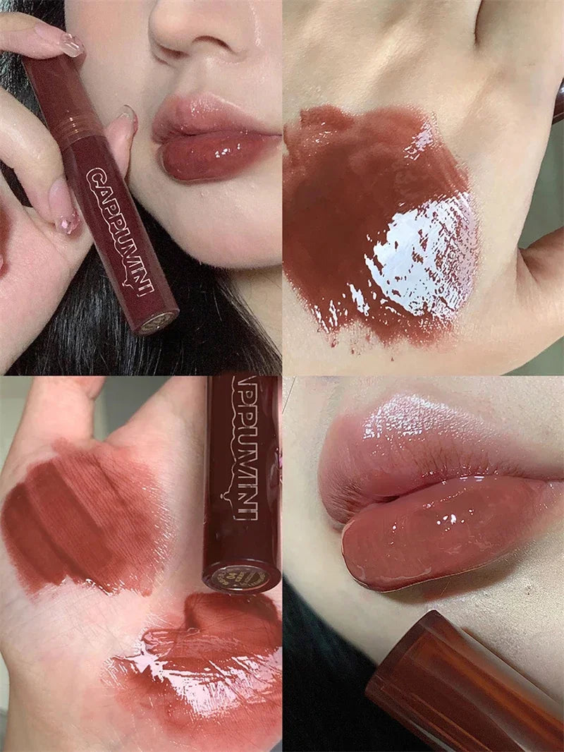 Punk Dark Brown Mirror Water Lip Gloss Red Lip Glaze Transparent Glass Lip Oil Waterproof Liquid Lipstick Clear Tint Makeup New