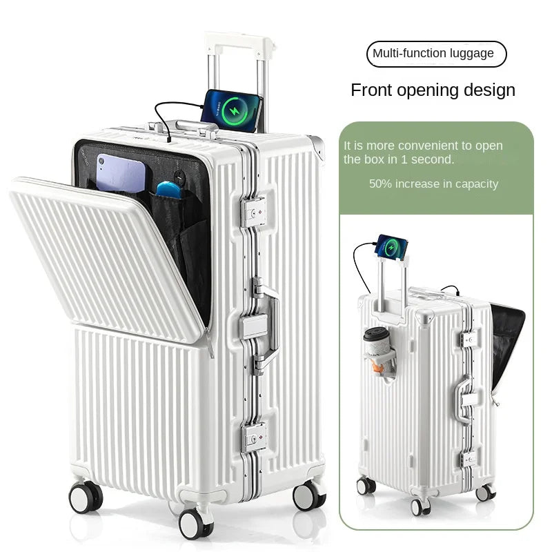 Front Opening Suitcase 2025 New Large Capacity 20/30 inch Aluminum Frame Luggage with USB Cup Holder Laptop Bag Travel Suitcases