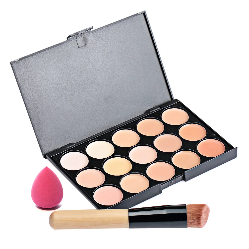POPFEEL 15-Color Concealer Palette with Brush & Sponge-Multi-Functional for Blemish Coverage, Contouring, Body Tattoo Camouflage