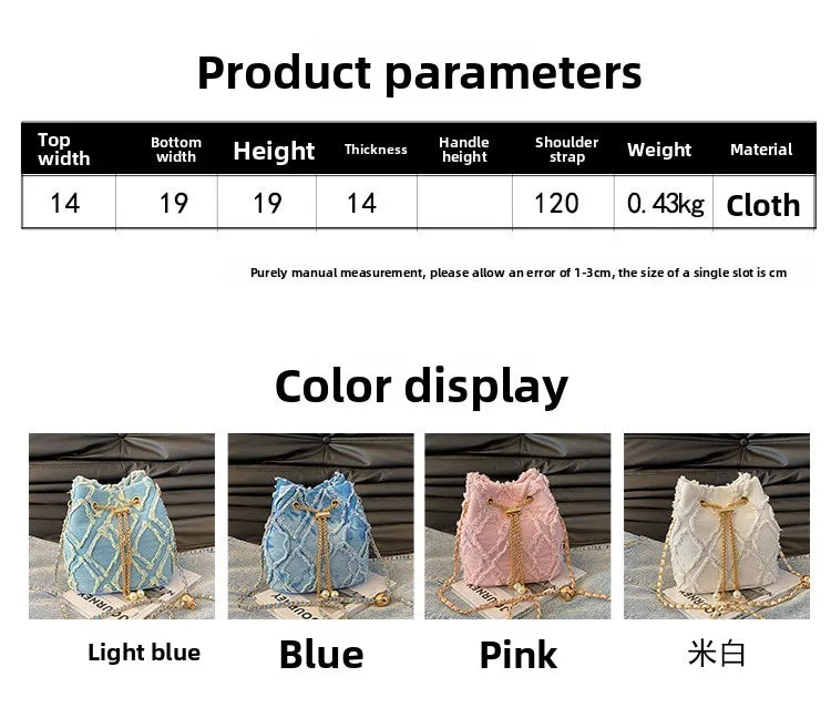 Vintage Denim Bucket Bag Retro Style Light Blue Ripped Edge Design Gold Chain Pearl Embellishment Adjustable Fringe Shoulder Bag