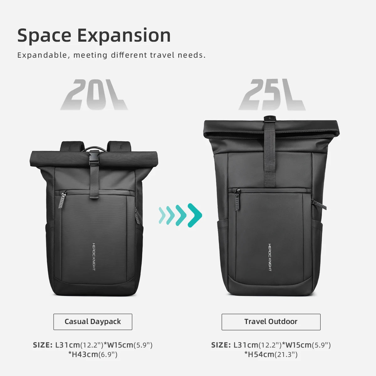HK Business Roll Top Men's Backpack Large Capacity 15.6 Inch Laptop Bag Waterproof Hiking Travel Backpack Expandable School Bags