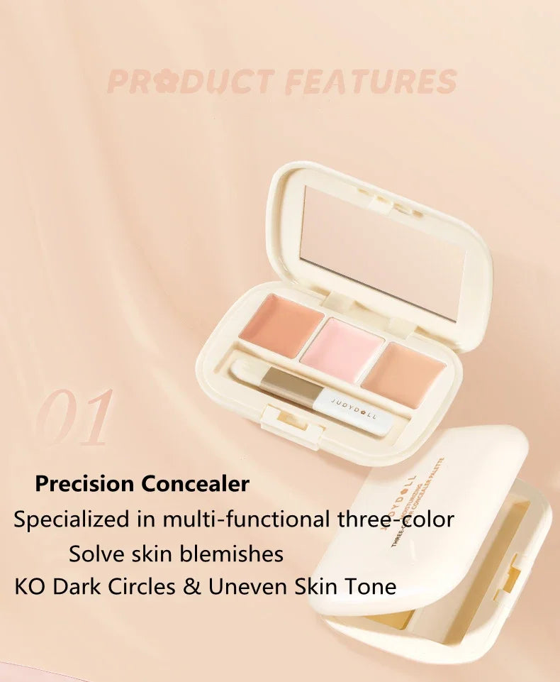 Judydoll Three-Color Concealer Palette Blemishes Spots Acne scars Covering Tear troughs Filling