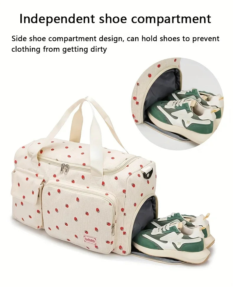 Large Capacity Casual Strawberry Print Duffel Bag with Multiple Compartments - Ideal for Travel, Gym, and Everyday Use