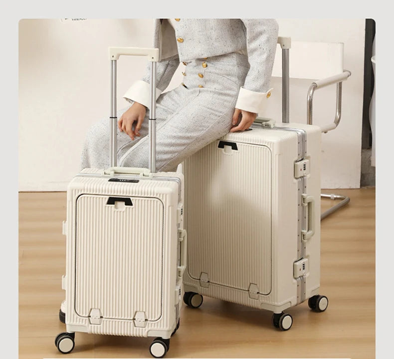 Front open trolley suitcase with cup holder travel luggage pull rod Aluminum frame Large capacity usb charging carry on suitcase