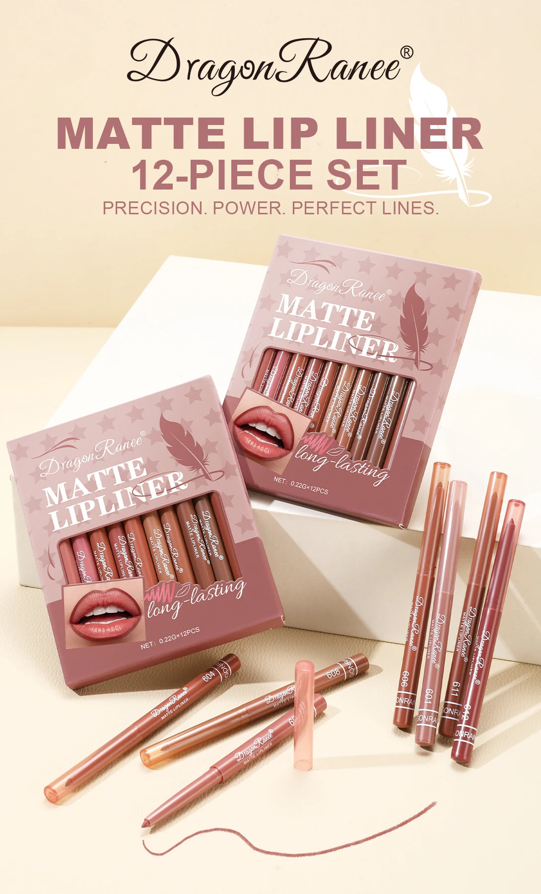Dragon Ranee 12pcs Soft Matte Water Resistant Eraser Resistant Lip Liner Set Matte and Non-Drying Easy to Line Lip Liner Set