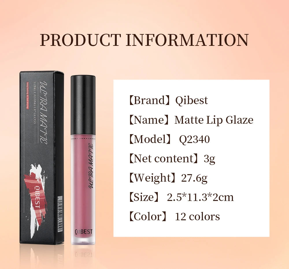 QIBEST Waterproof Matte Nude Lip Gloss 12 Colors Lasting Liquid Lipstick Moisturizing Non-stick Cup Black Red Purple Lip Glaze