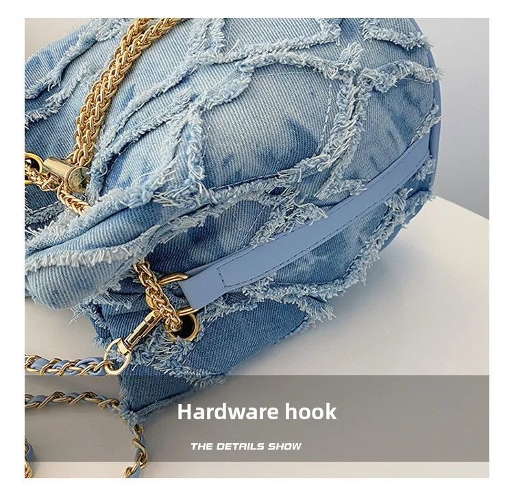 Vintage Denim Bucket Bag Retro Style Light Blue Ripped Edge Design Gold Chain Pearl Embellishment Adjustable Fringe Shoulder Bag