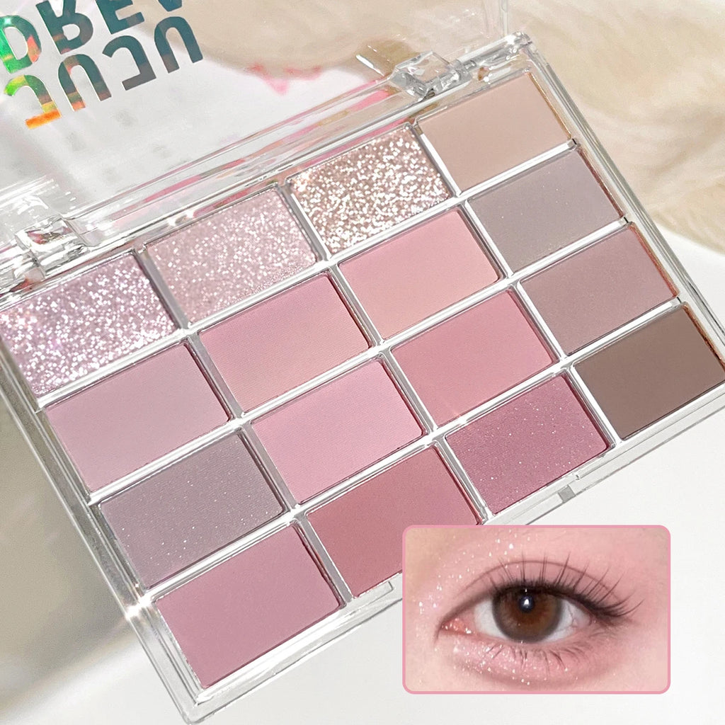 Dream 16 color eyeshadow palette - matte, glitter, shimmer, earth brown, purple and pink - low saturation everyday makeup