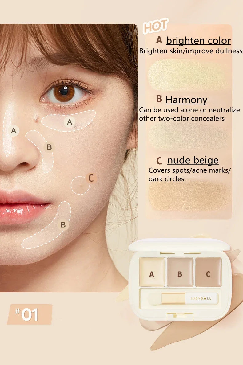 Judydoll Three-Color Concealer Palette Blemishes Spots Acne scars Covering Tear troughs Filling