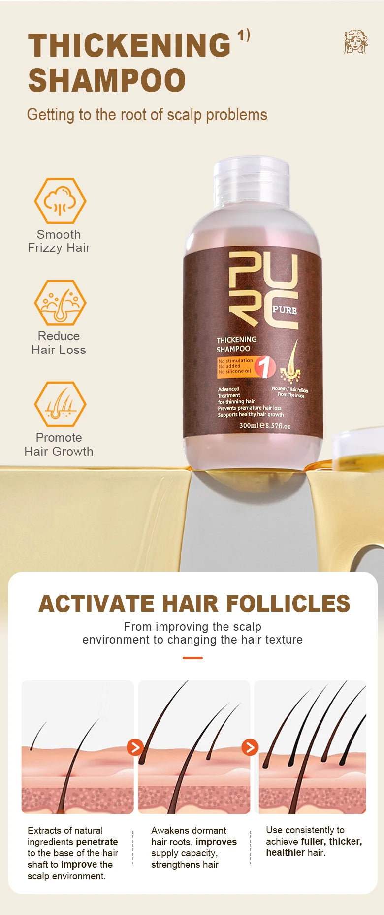 PURC Hair Shampoo Conditioner Ginger Nourishing Root Thickening Scalp Treatment Cleaning Smoothing Hair Care Products 600ml