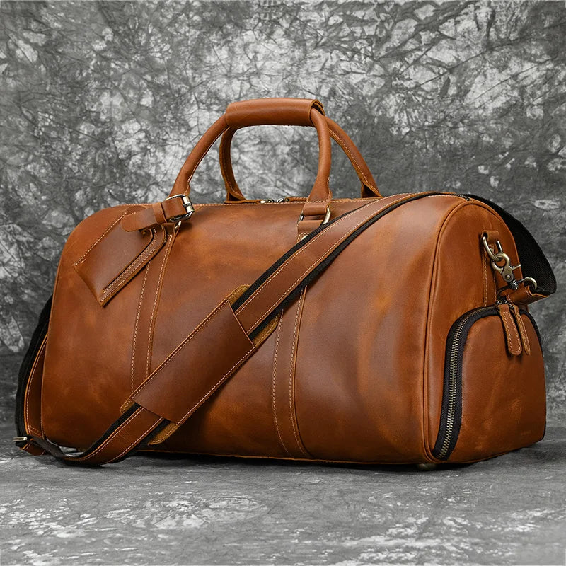 Fashionable Style Men's Leather Travel Handbags Real Cowhide Leather Duffle Bags For Man Male Weekend Bags With Shoe Pocket