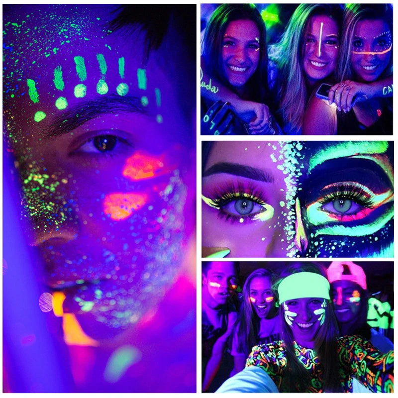 Glow In The Dark Face Paint Kit,6pcs Shimmer Glow Eyeliner set,UV Neon Face & Body Paint Sticks Marker Luminous Makeup for Music