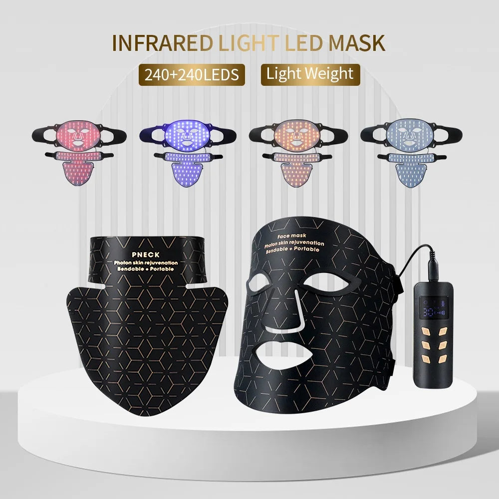 Silicone LED Mask Face With Neck 4 Colors LED Light Photon Infrared Therapy Flexible Facial Mask Repair Skin Brighten Skin Tone