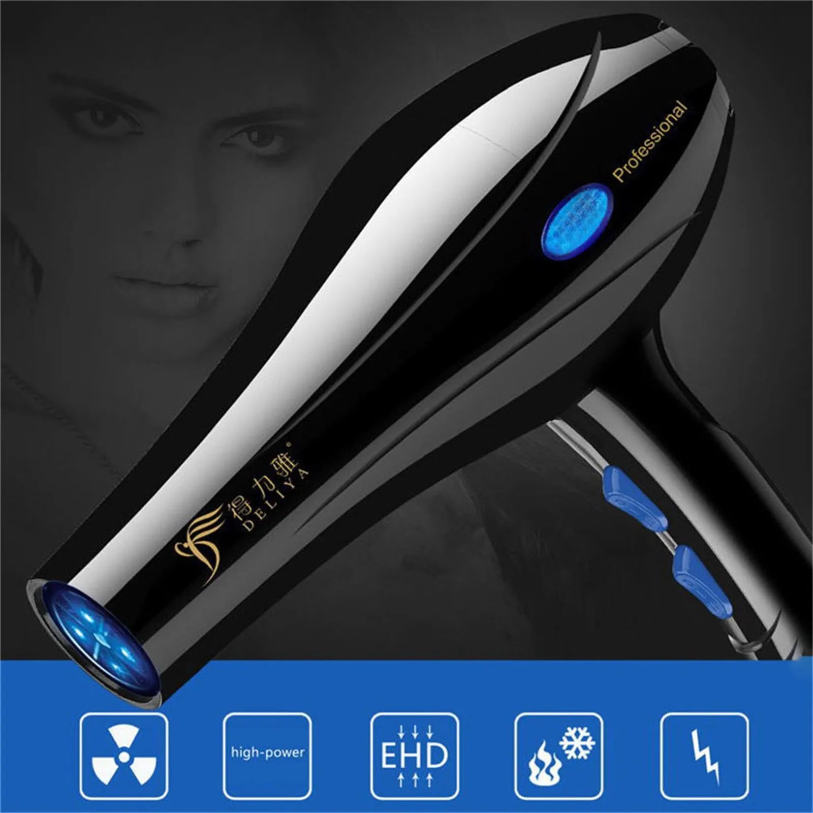 Household Hair Blow Dryer 2200W Black Heat Blower Dryer Beauty Salon Portable Hair Blow