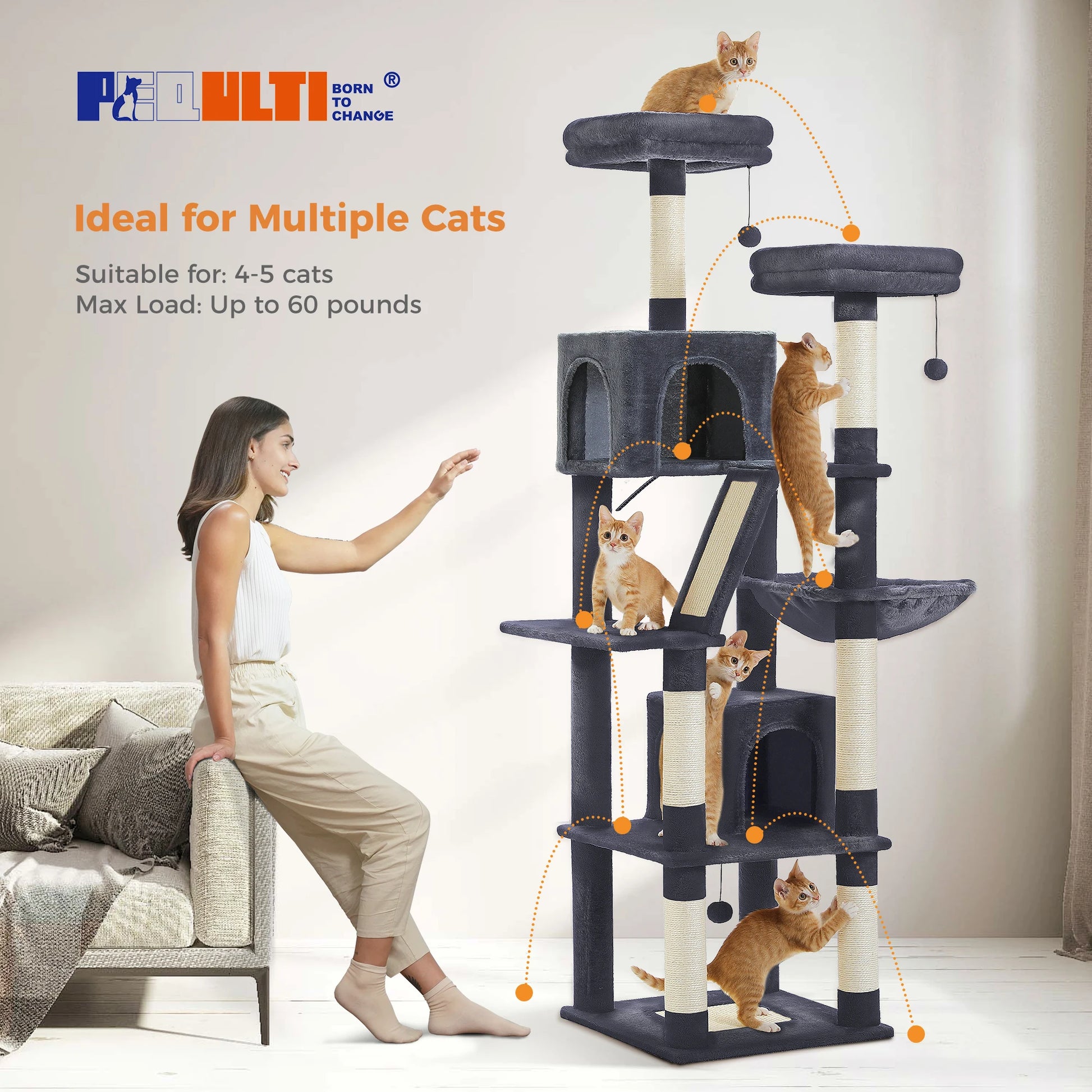 Multi-Level Cat Tree with Scratching Posts, Cozy Condo, Hammock, Large Cat Tower for Indoor Cats, Cat Scratching Board, Cat Toys