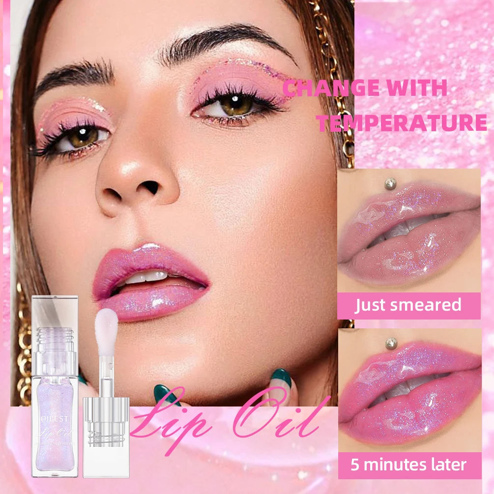 QIBEST Lip Oil Magic Warm Color Changing Lipstick Balm Lip Glaze Transparent Moisturizing Lipgloss Shiny Glitter Lips Cosmetics