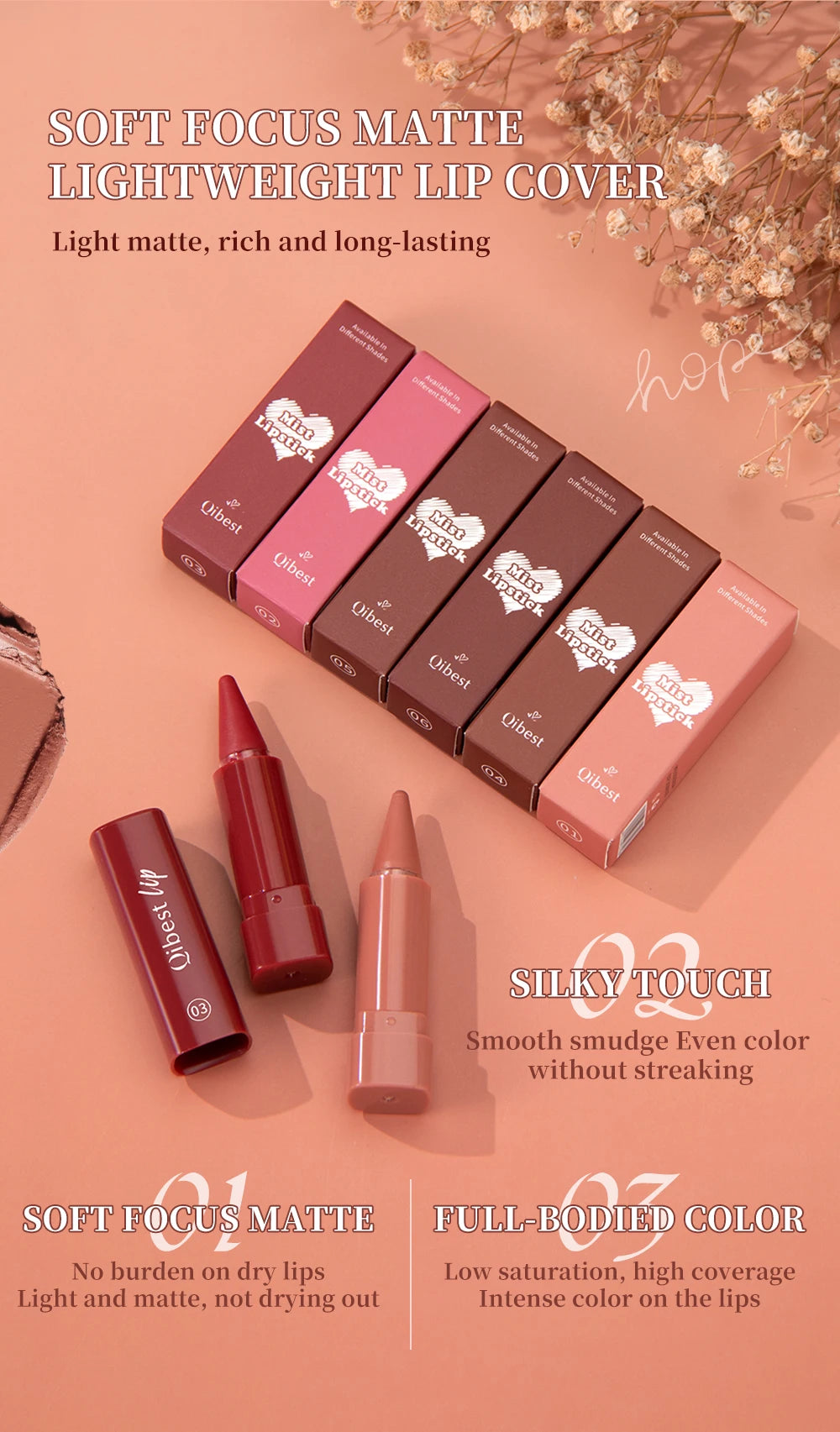 QIBEST 6 Color Matte Lipliner Lipstick Waterproof Lip Stain Lipstick Natural Nude Pink Lip Liner Outline Lips Contour Makeup