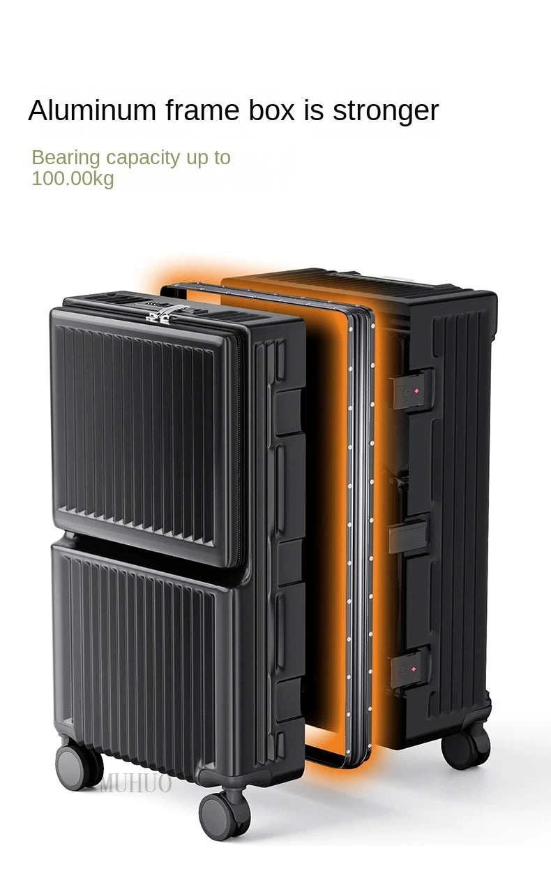 Front Opening Suitcase 2025 New Large Capacity 20/30 inch Aluminum Frame Luggage with USB Cup Holder Laptop Bag Travel Suitcases