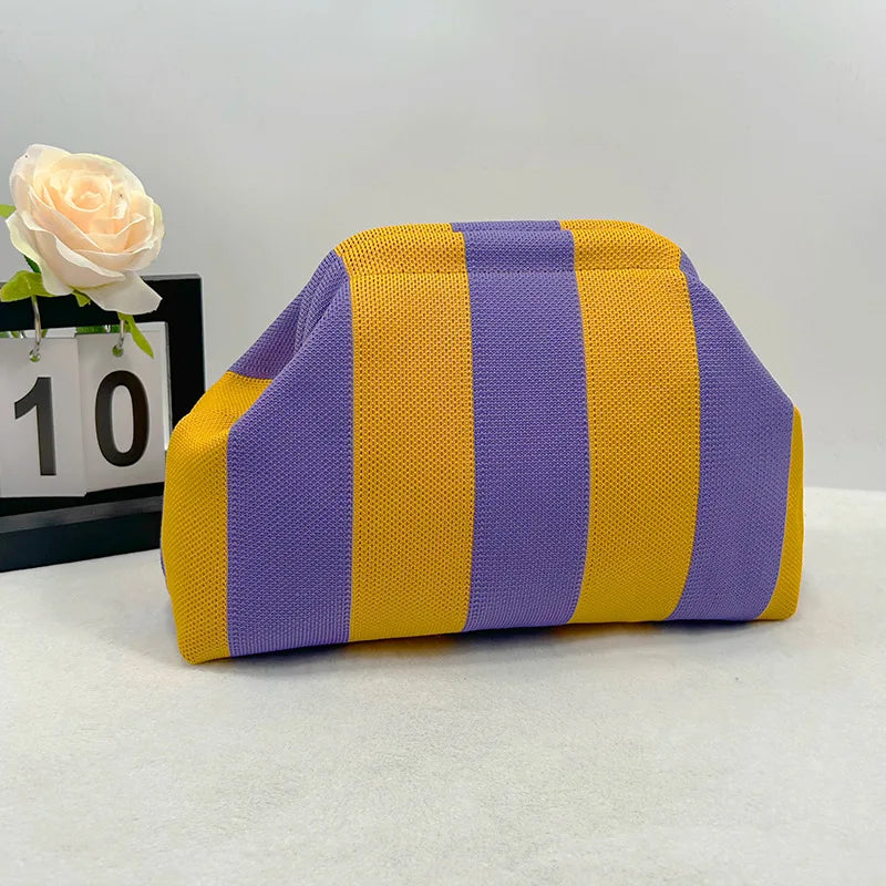 Summer Beach Clutch Bag for Women Woven Crochet Handbags Purses Knitting Dumpling Clutch Ruched Cute Cloud Casual Colorblock Bag