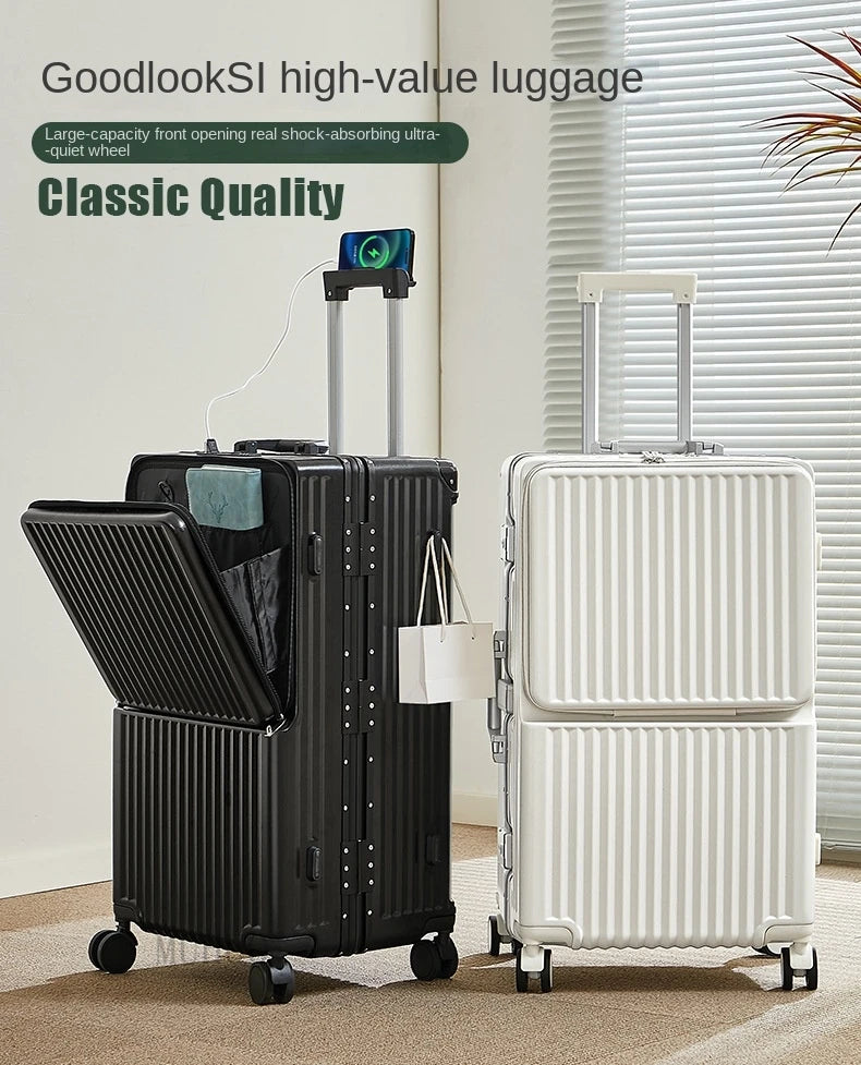 Front Opening Suitcase 2025 New Large Capacity 20/30 inch Aluminum Frame Luggage with USB Cup Holder Laptop Bag Travel Suitcases