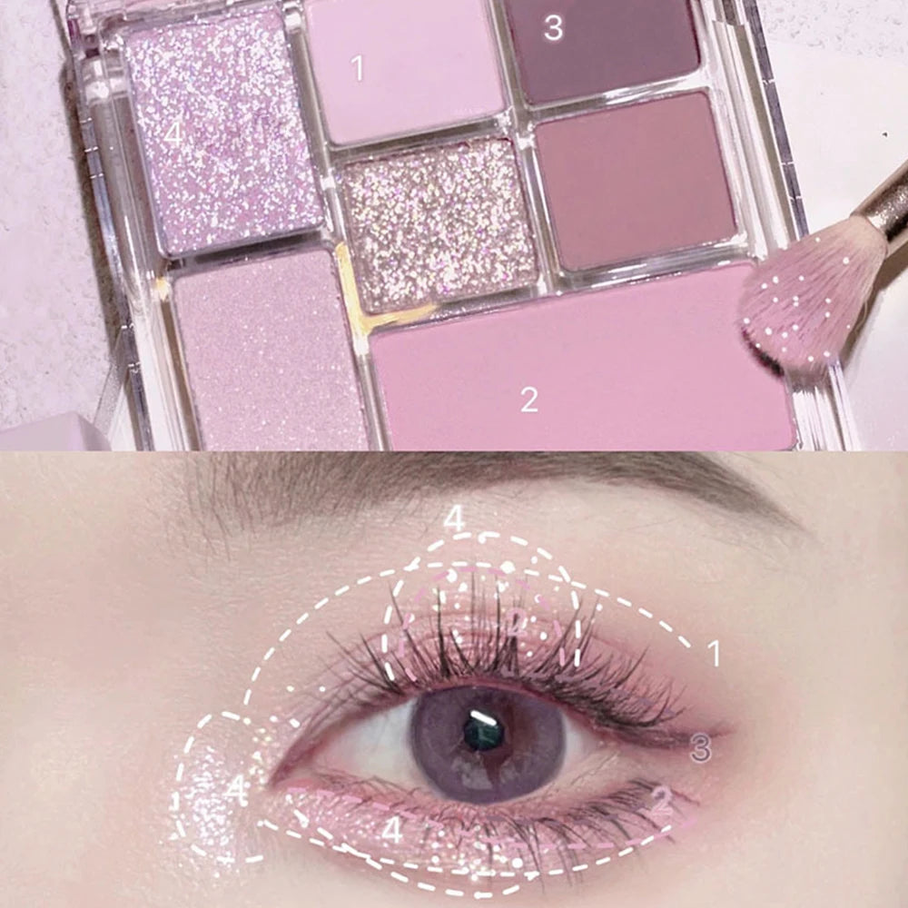 Seven-color eyeshadow palette in earth tones with shimmer, glitter, matte, and pearl finishes, waterproof, and playful