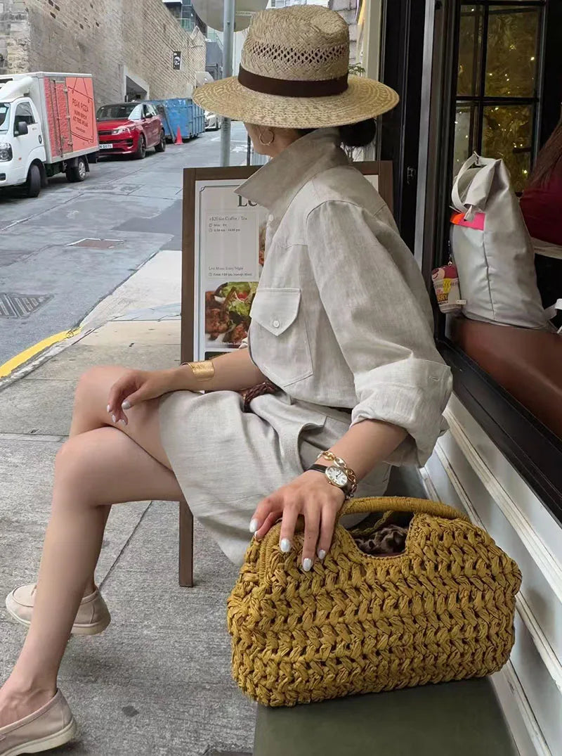 Elegant Ladies Chain Woven Handbag Straw Shoulder Bag Fashionable Raffia Crossbody Beach Bag Summer New Versatile Women's Bag